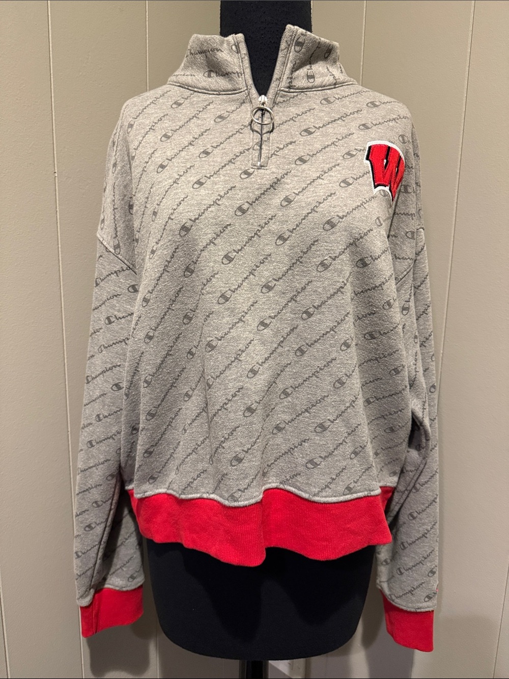 Z Champion Women’s Large Gray Allover Logo Quarter-Zip with Red Trim & W Patch